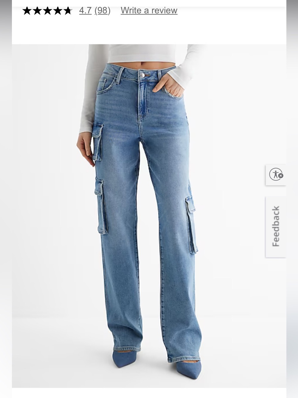 Express High Waisted Medium Wash Relaxed Straight Cargo Jeans